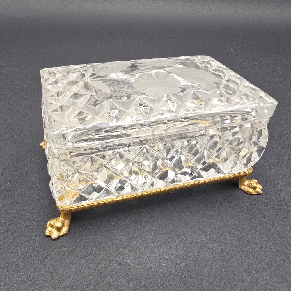 Vintage Cut Crystal Jewelry Box Lion Paw Feet Frosted Floral Lid Gold Base